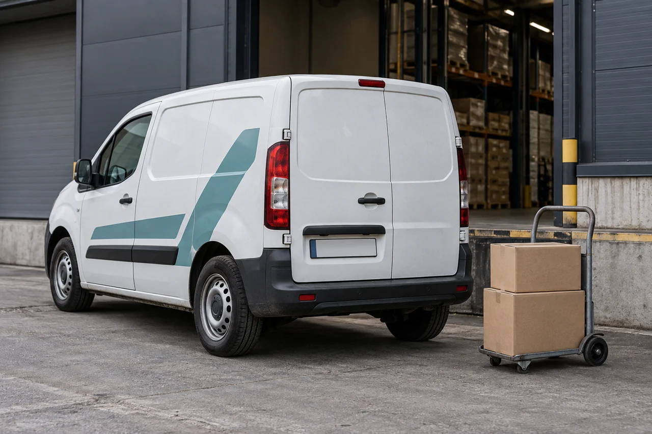 White delivery van with a teal side graphic beside cartons on a trolley at a loading bay