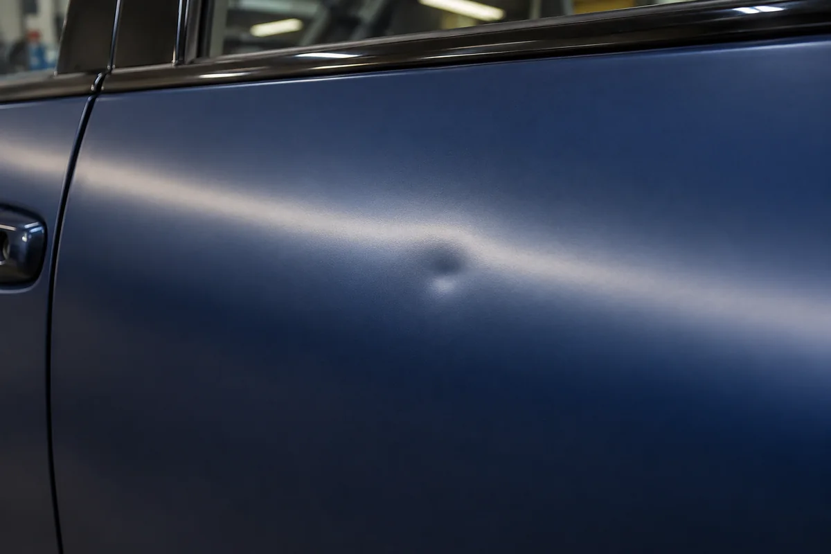 A shallow depression remains visible in the soft reflection on a navy satin-wrapped door