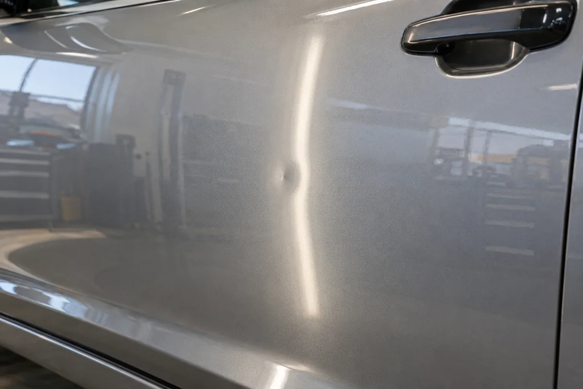 A shallow ding in a silver car door bends the reflection of an inspection light