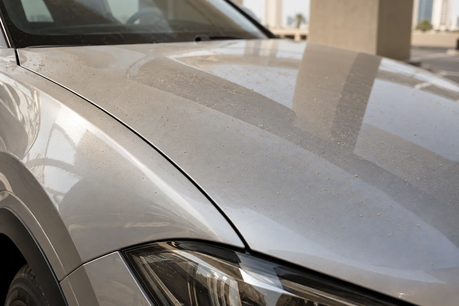 Loose tan dust on a silver car hood and front fender