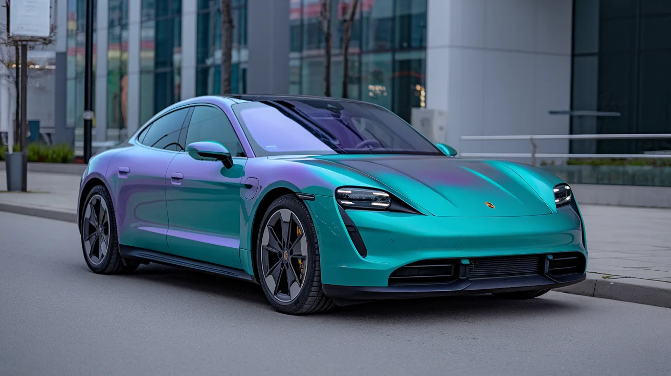 Porsche Taycan with a teal and violet colour-shift exterior finish