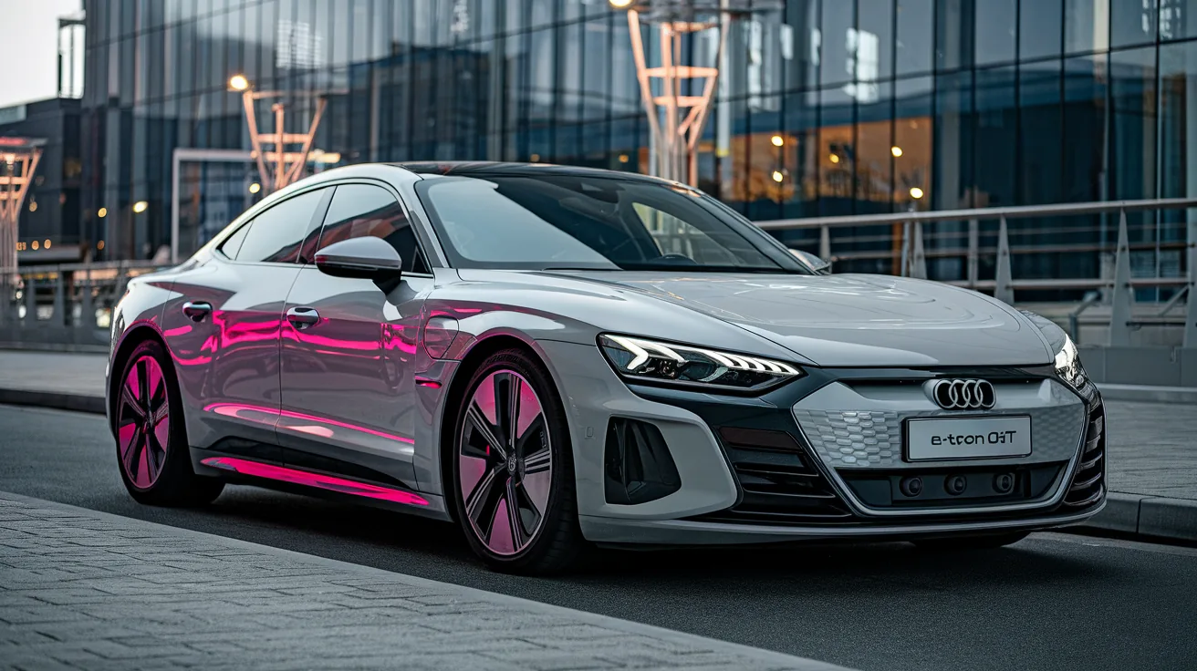 Silver electric coupe with a glossy exterior and magenta reflections