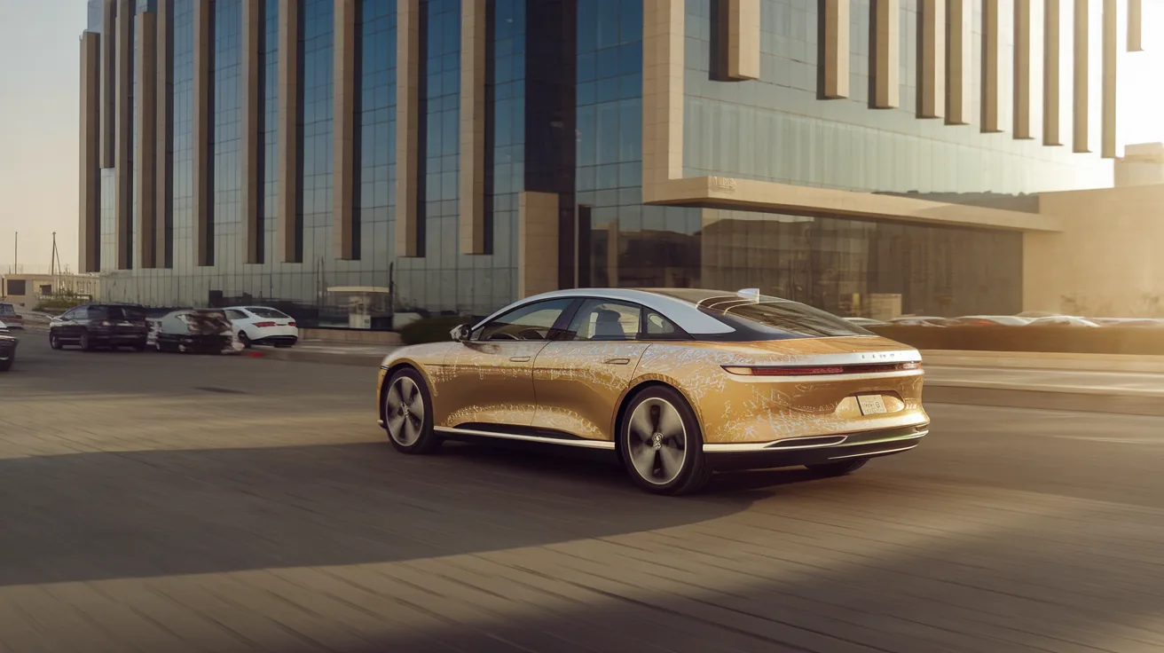 Electric sedan with a champagne-coloured exterior in warm daylight