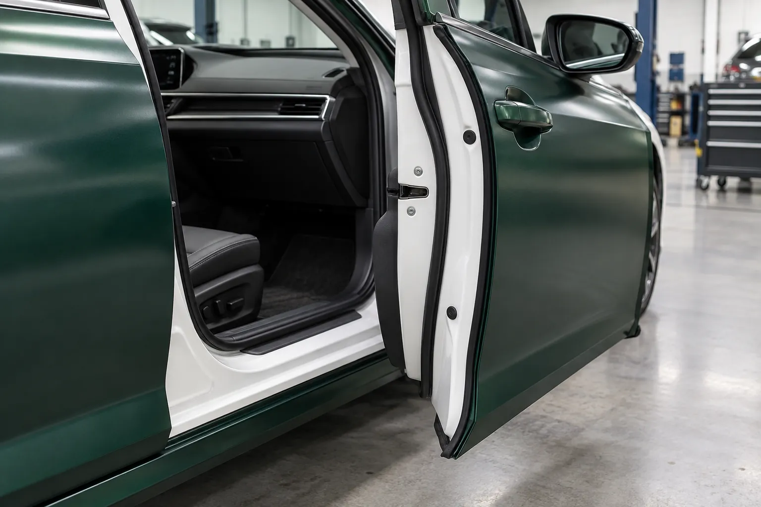 Open green car door showing its original white inner return and white door jamb