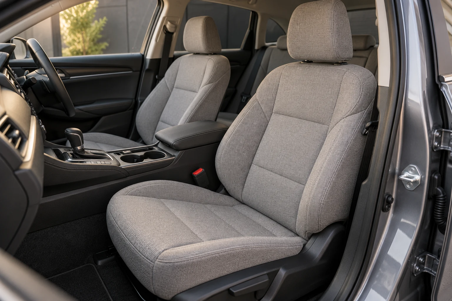 Illustrative clean cloth car seats showing the upholstery and cabin finish