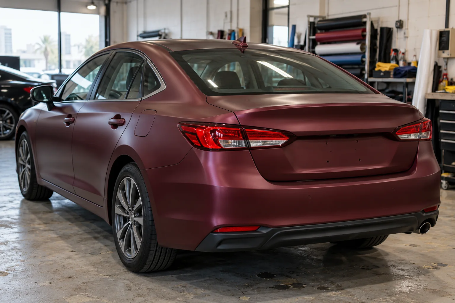 A satin burgundy sedan in a workshop with its rear lights, windows and trim uncovered