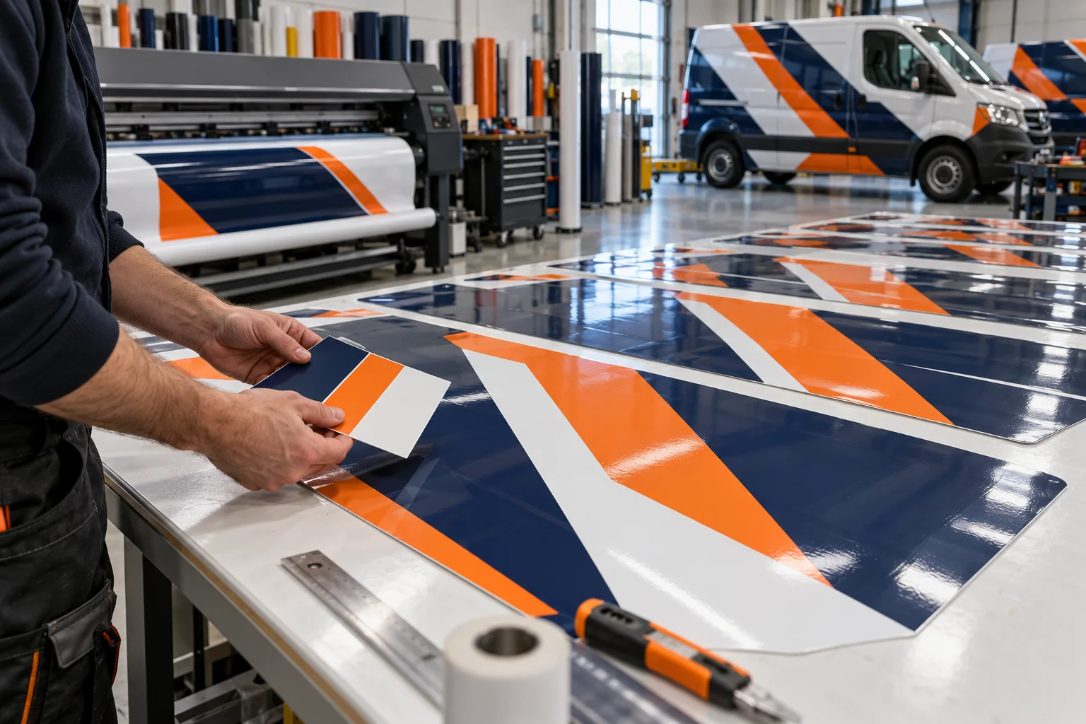 Repeated navy and orange fleet graphic panels checked at a production table