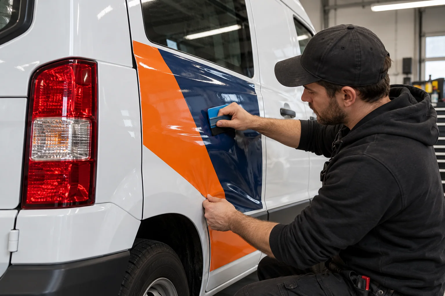 A replacement graphic panel being fitted to a delivery van