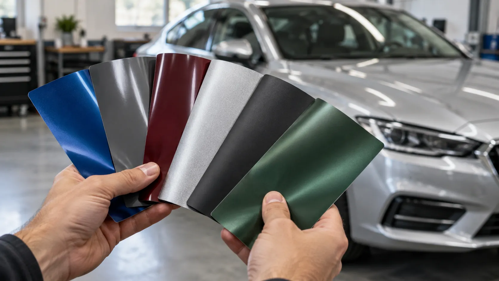 Hands comparing six vinyl film samples beside a silver sedan