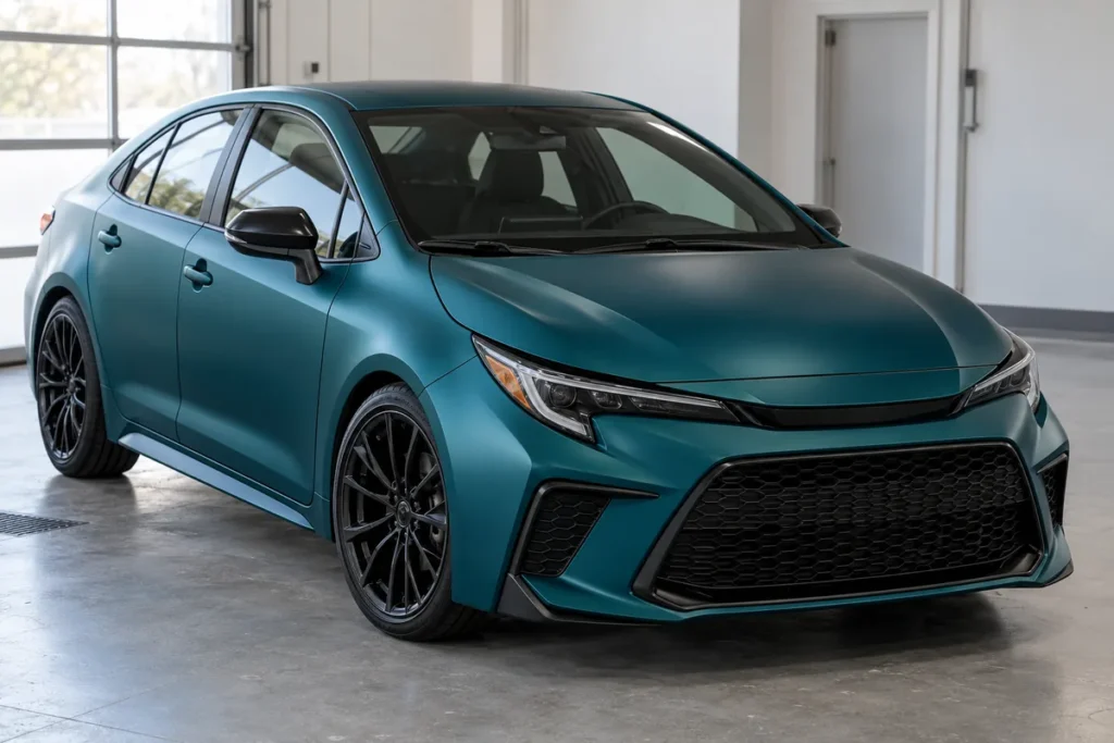 A petrol teal satin finish covers the exterior painted panels of a compact sedan