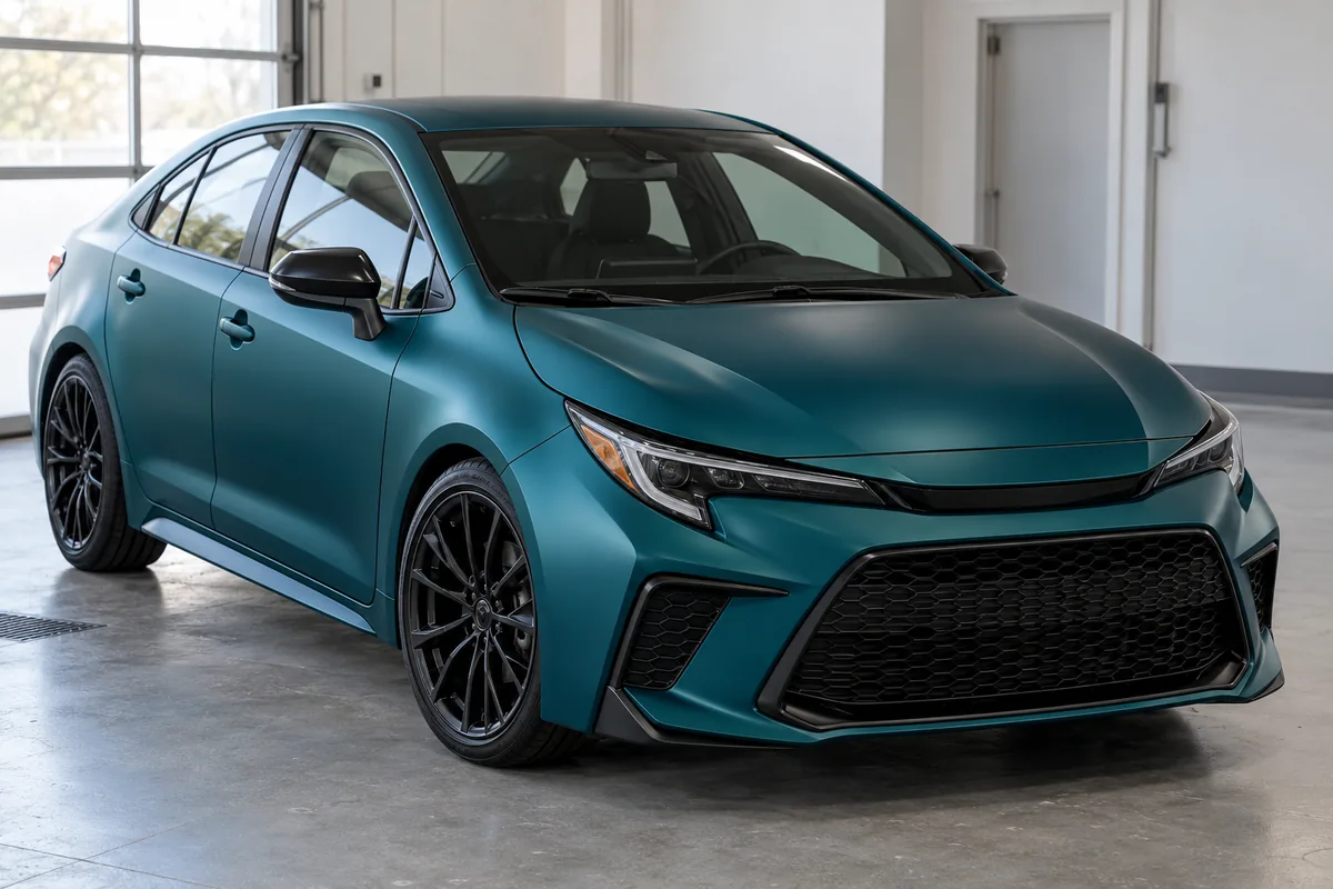 A petrol teal satin finish covers the exterior painted panels of a compact sedan