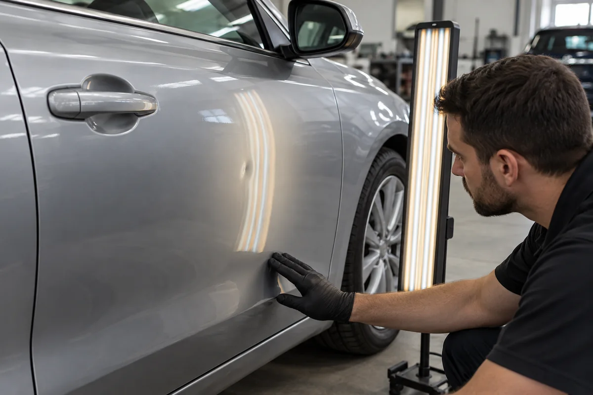 Technician checking a shallow dent in a silver car door with a striped inspection light in a garage