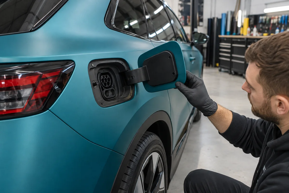 Installer inspecting an open charging flap on a satin teal electric car in a garage