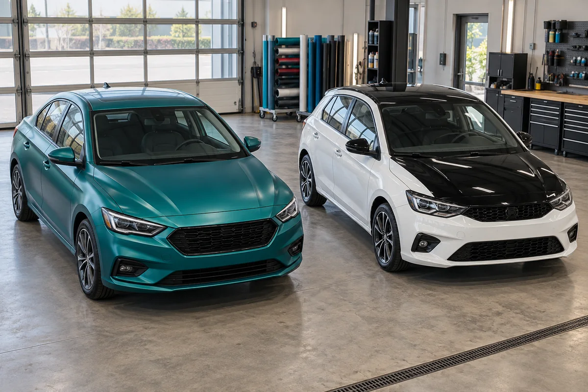 Teal fully wrapped sedan beside a white hatchback with a black bonnet and roof in a garage