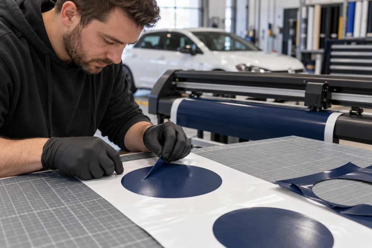 Gloved technician inspecting a cut vinyl shape on its white release liner beside a blade plotter