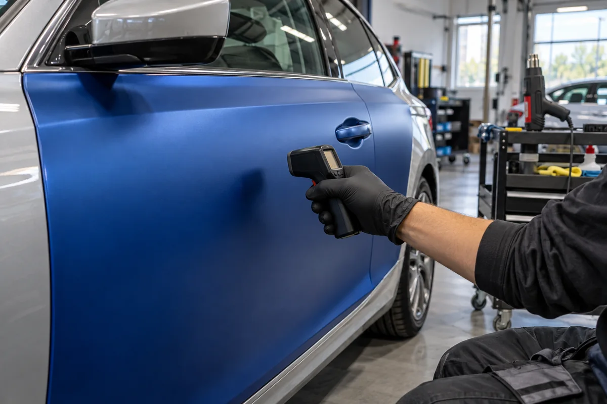 Gloved installer aiming an infrared thermometer at blue vinyl on a car door in a garage