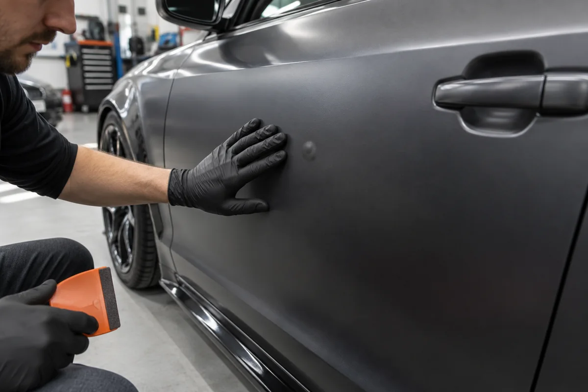 Gloved installer inspecting a small raised area in grey vinyl on a car door beside a felt-edge squeegee