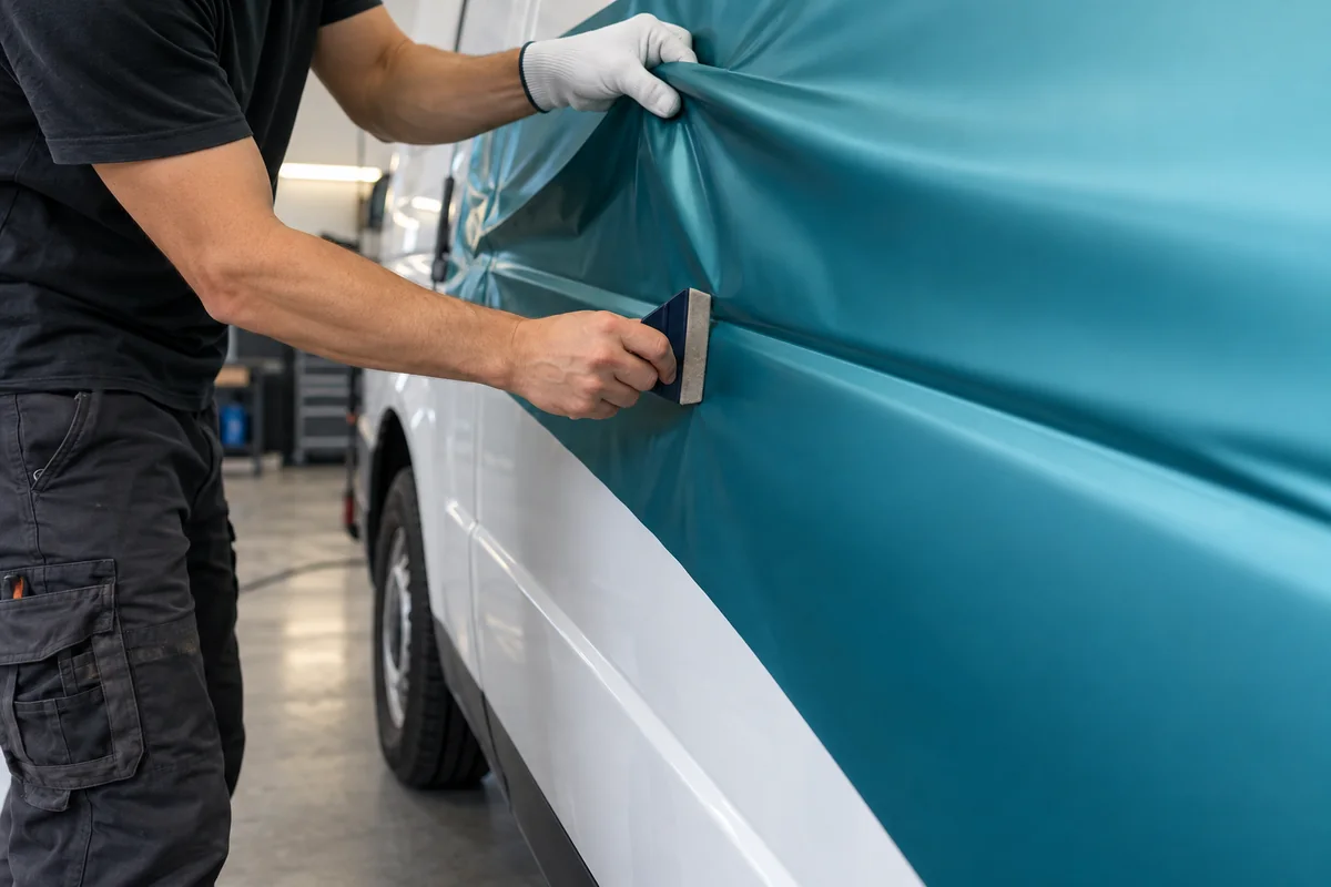 Installer supporting loose teal vinyl while guiding it into a recessed van panel channel in a garage