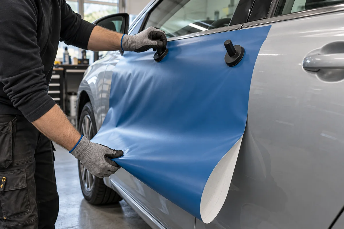 Installer supporting loose blue vinyl below two handled magnets on a silver car door in a wrapping garage