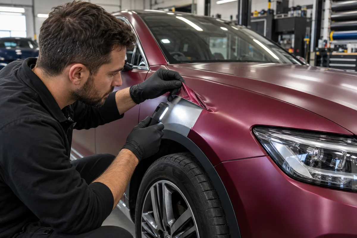 Technician inspecting exposed silver paint beneath a lifted burgundy vinyl edge with a handheld light in a garage