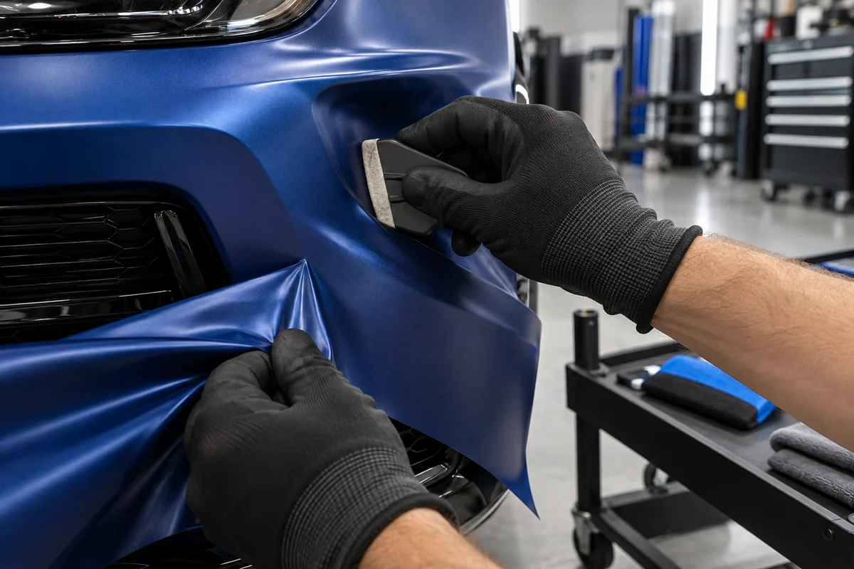 Gloved installer using a narrow buffered applicator on blue vinyl in a curved car bumper recess