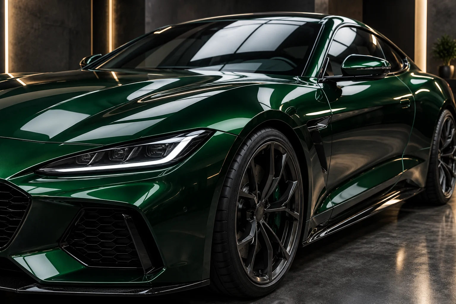 Deep green coupe showing a glossy body finish