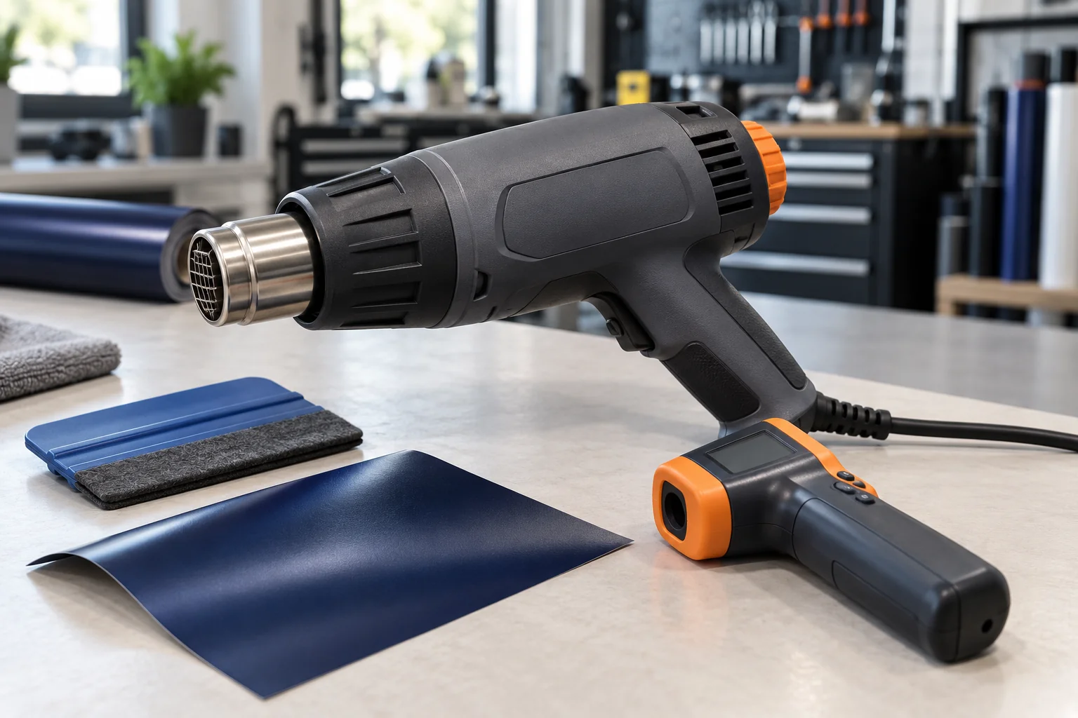 Unbranded corded heat gun and infrared thermometer beside a felt-edge squeegee and navy vinyl sample