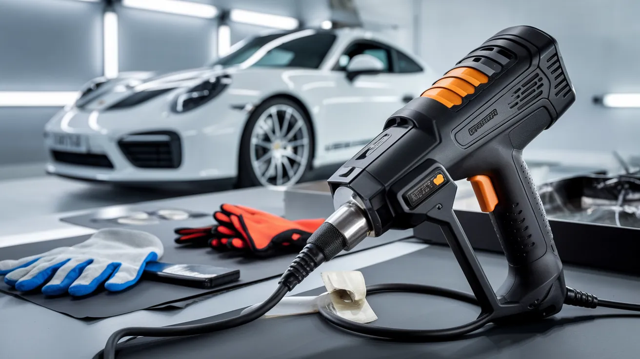 Black and orange corded heat gun resting on a workshop bench beside wrapping gloves