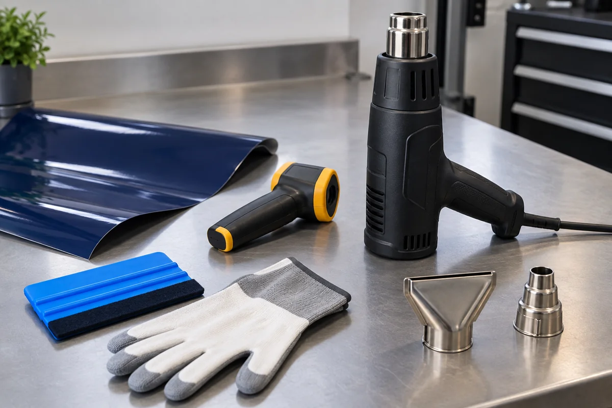 Heat gun with flare and reducer nozzles, infrared thermometer, felt-edge squeegee, gloves and navy vinyl on a workbench