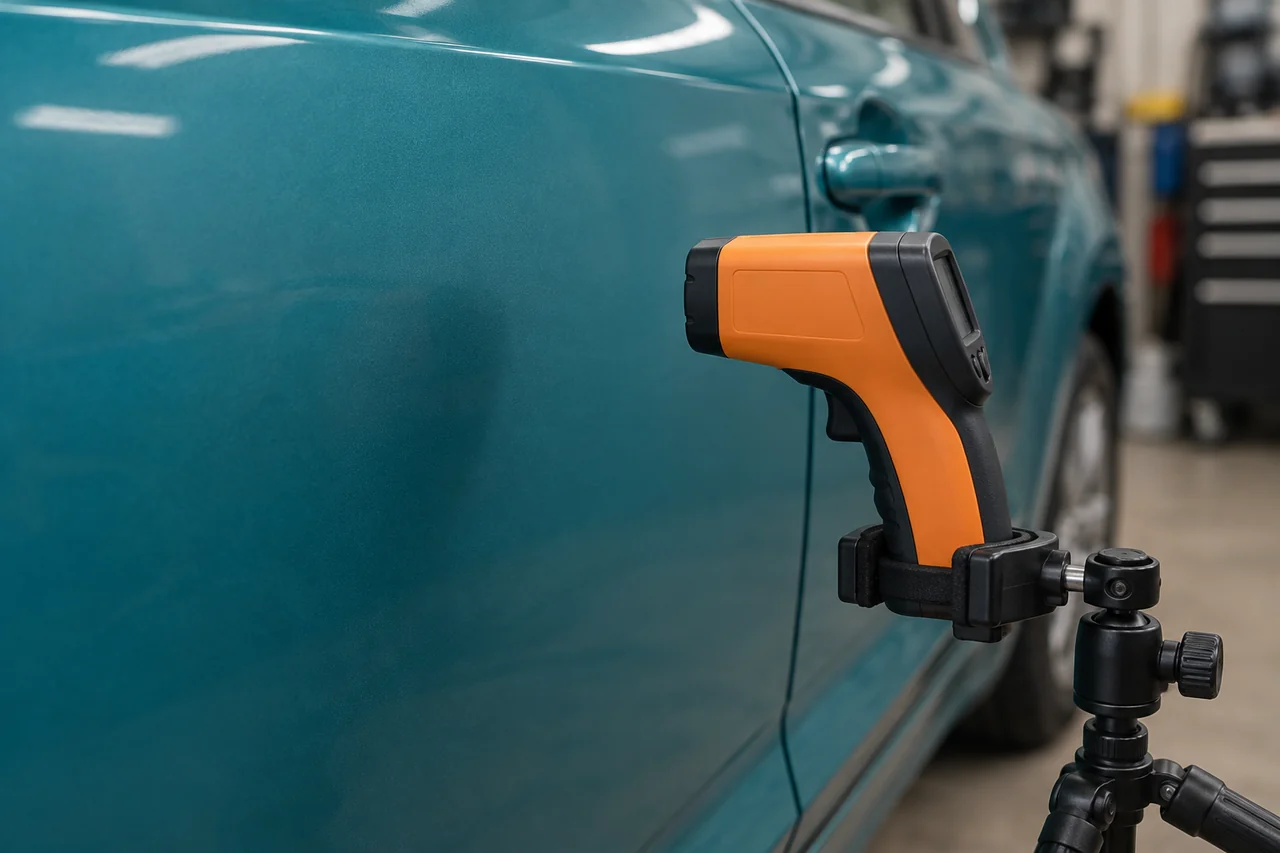 Infrared thermometer held in a tripod clamp and aimed at a teal car door