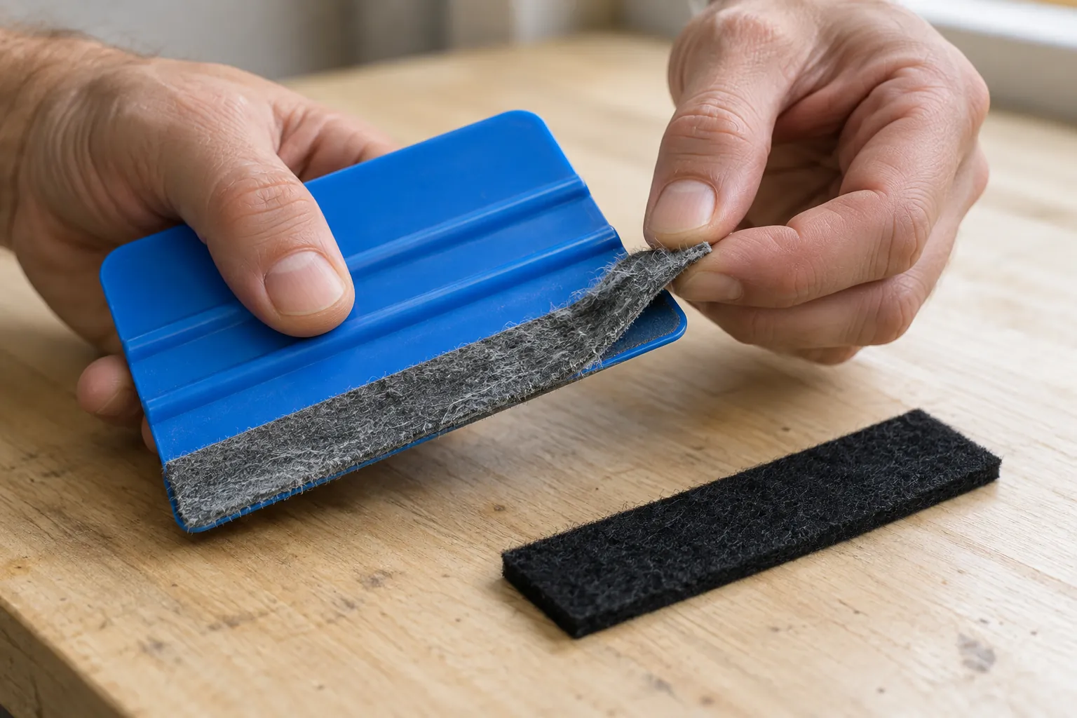 Hands inspecting a worn felt buffer on a blue wrapping squeegee beside a fresh replacement strip