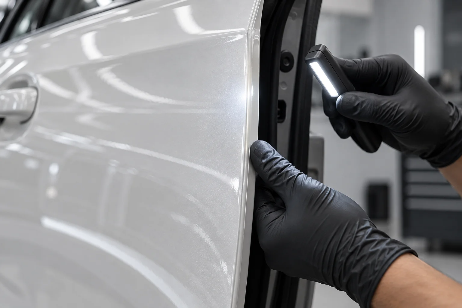 Inspecting a clear protective film edge on a white car door