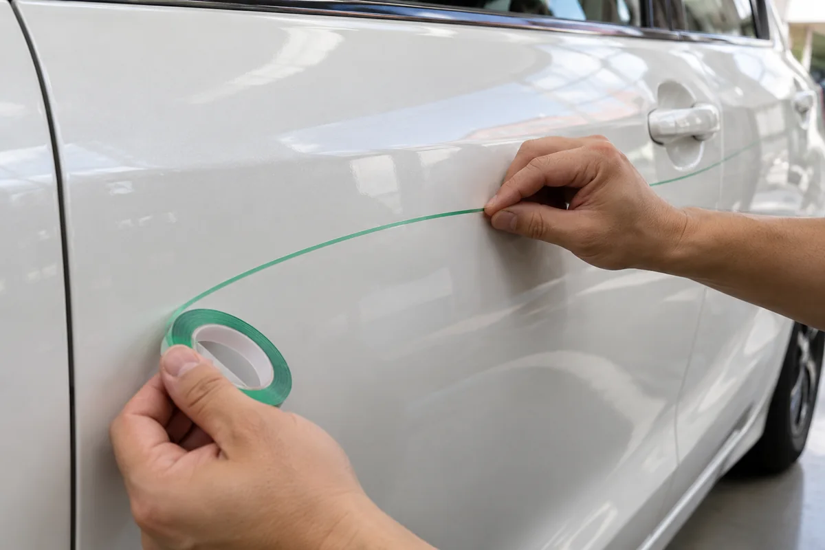 Hands position thin green knifeless tape along a curved stripe boundary on a white car door before applying vinyl