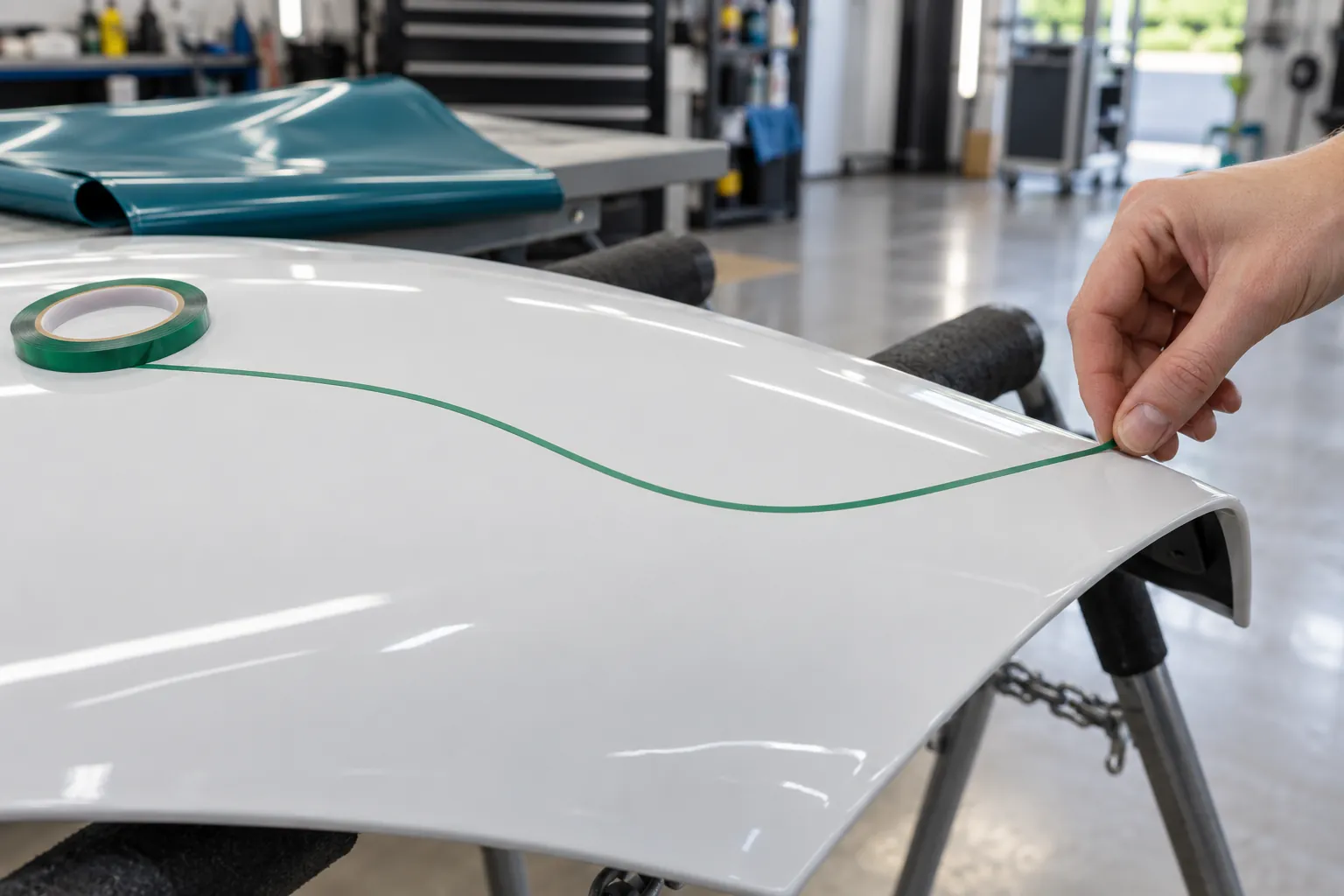 Thin green knifeless tape following a curved path on a white practice panel before vinyl is applied
