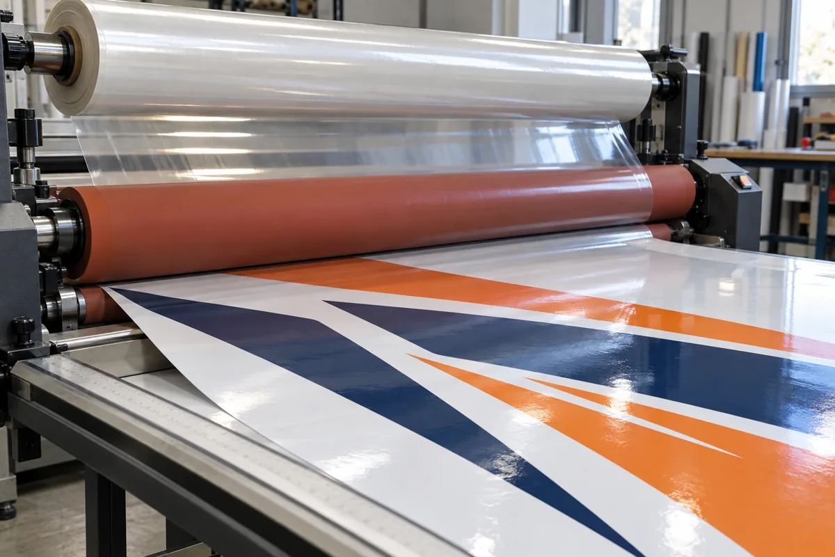 Printed film passing through a laminator before finishing