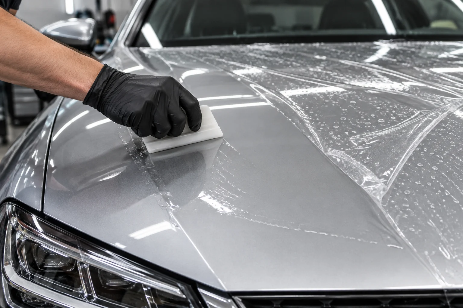 A gloved hand guides a squeegee over clear protection film on a silver bonnet