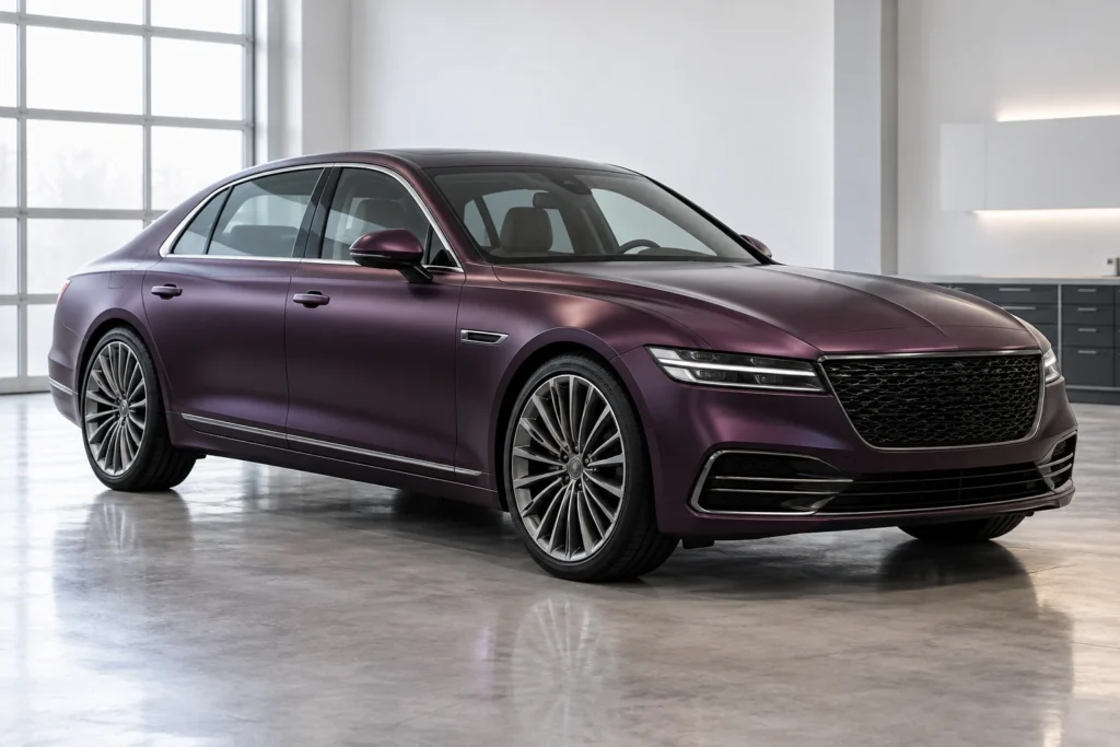 Midnight-plum satin luxury sedan in a bright wrapping studio