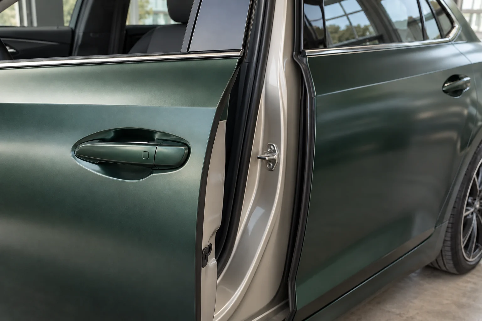 An open door reveals original silver paint inside the jamb beside a satin green exterior