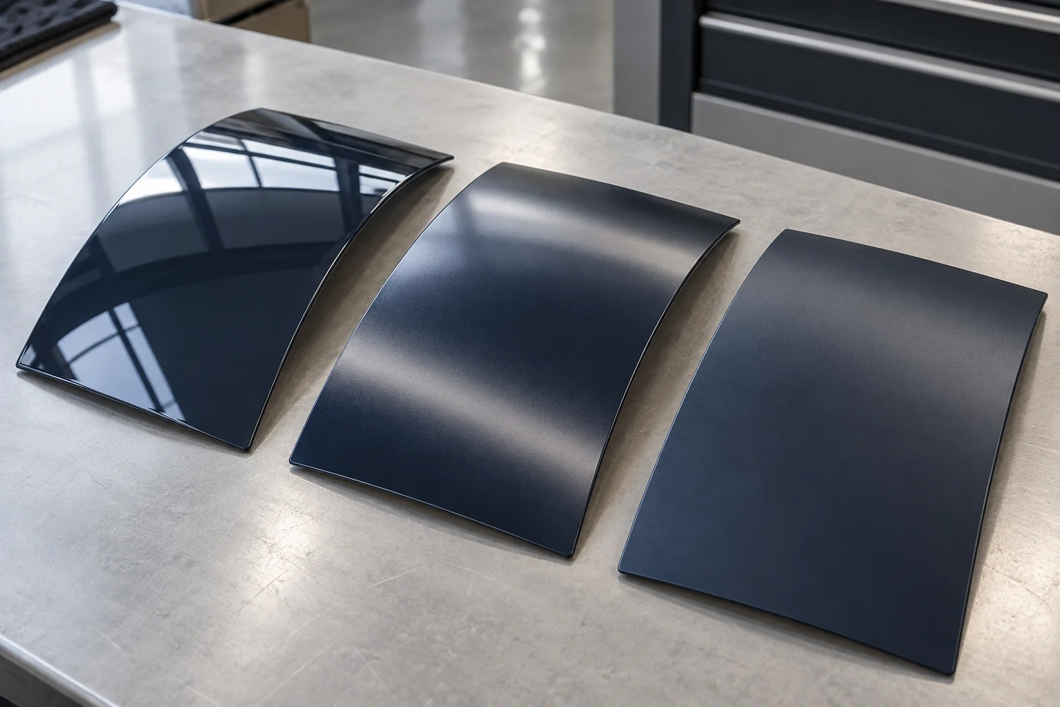 Three charcoal-blue curved film samples show gloss, satin and matte reflections under the same light