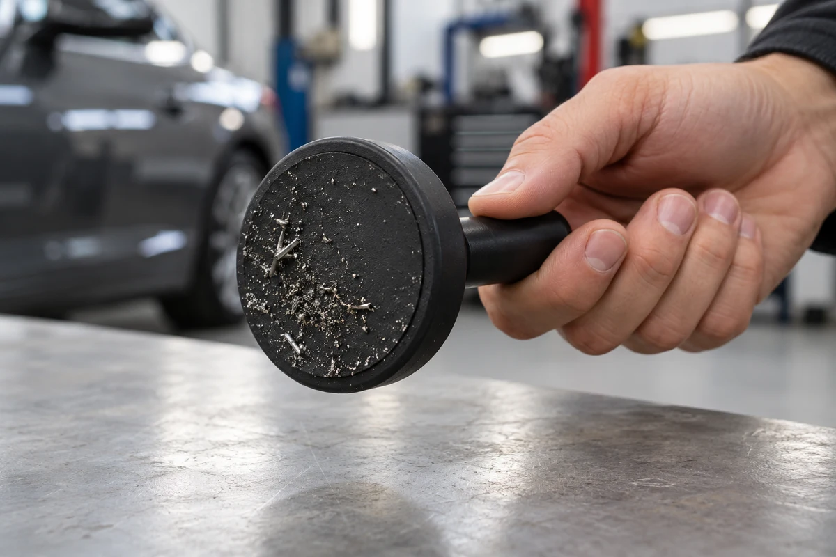 Metal particles on a rubber-covered magnet base held away from the vehicle