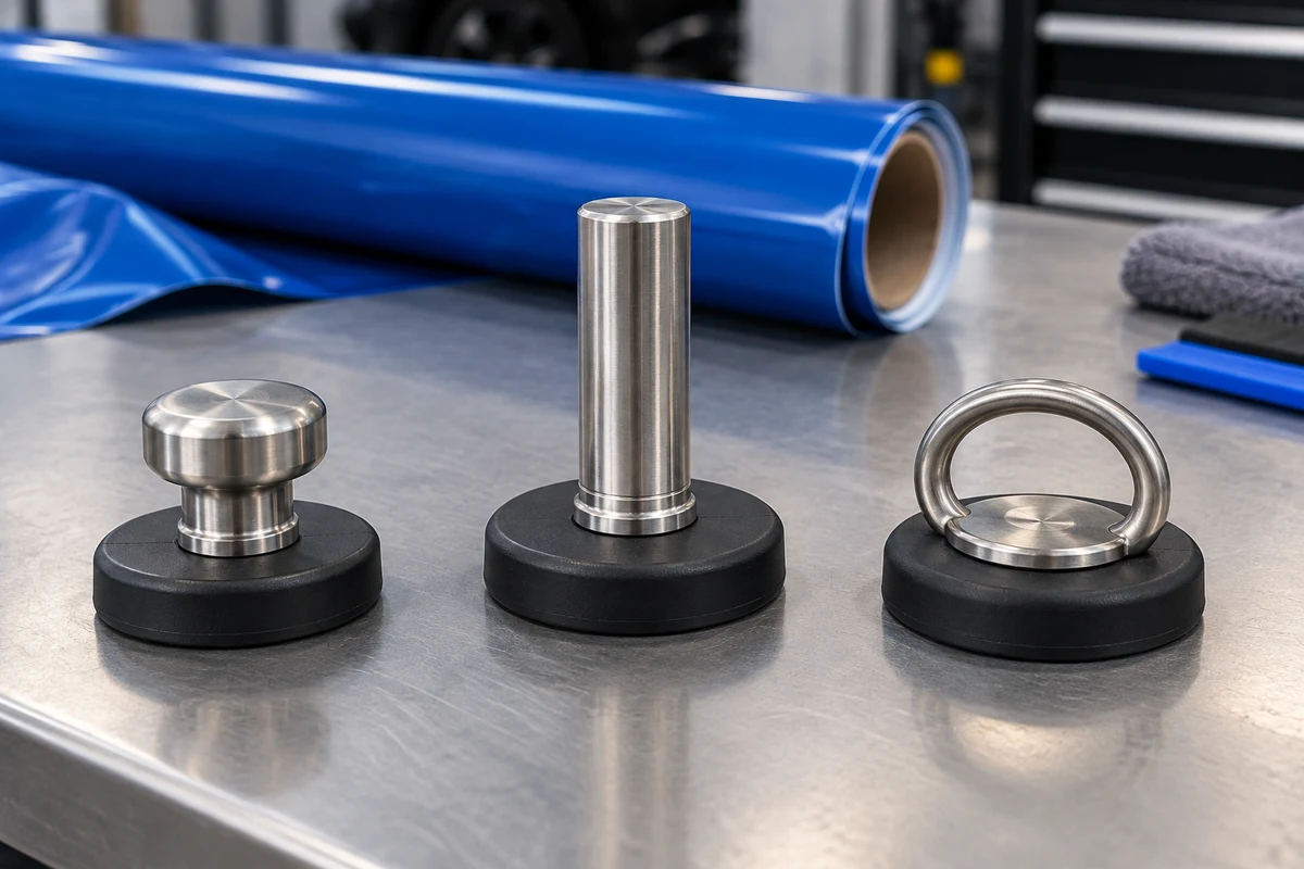 Short handle, tall handle and ring handle magnets with rubber-covered bases
