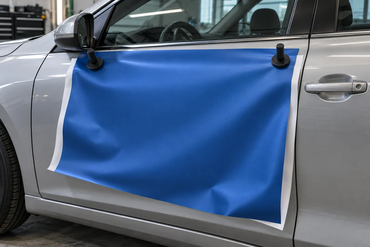 Two handled magnets positioning lined blue vinyl on a silver steel door