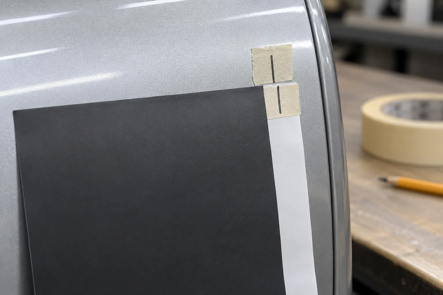 Matching dark reference marks on two masking-tape tabs beside a charcoal vinyl sample