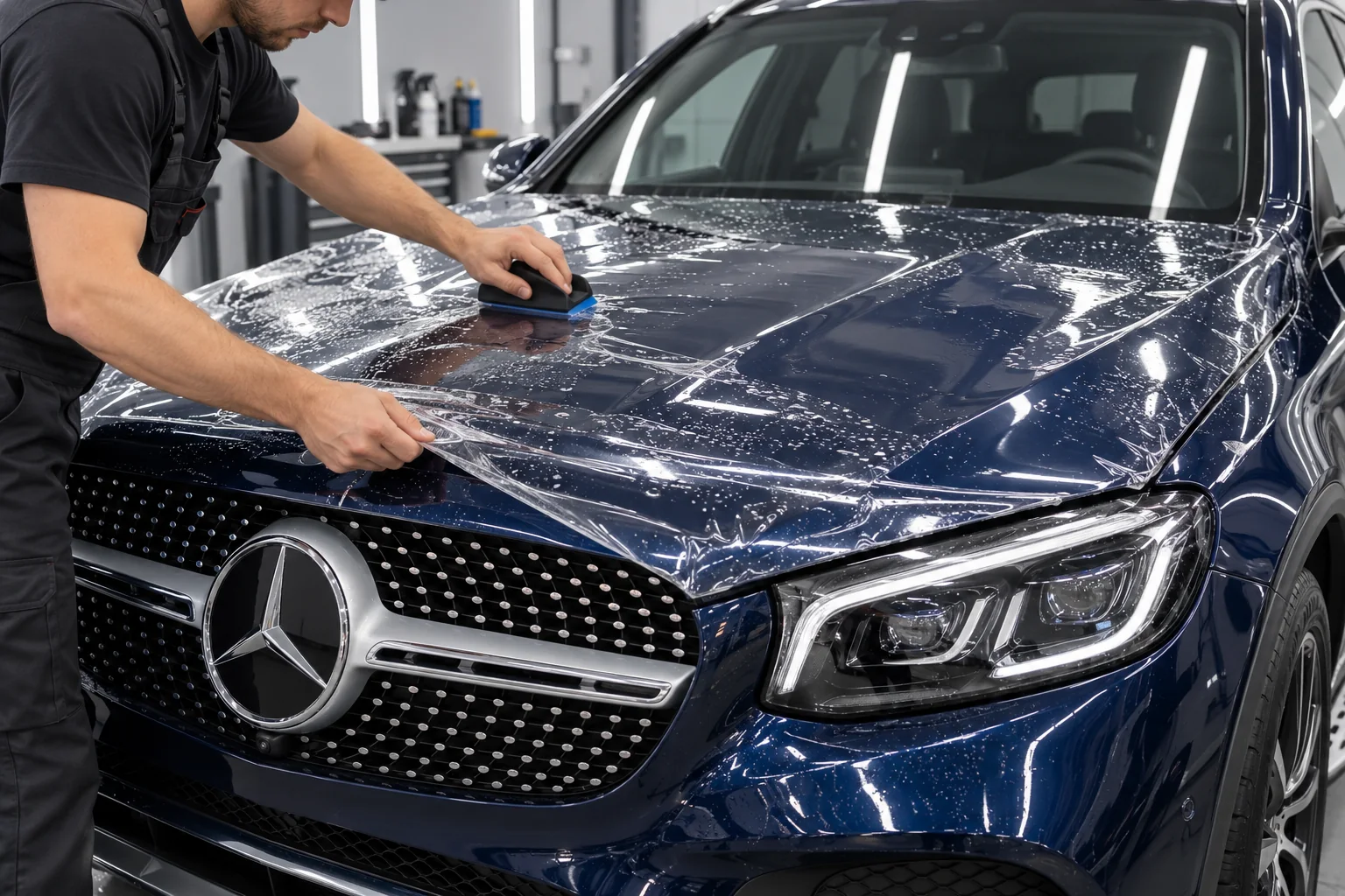 transparent paint protection film being fitted to a Mercedes hood