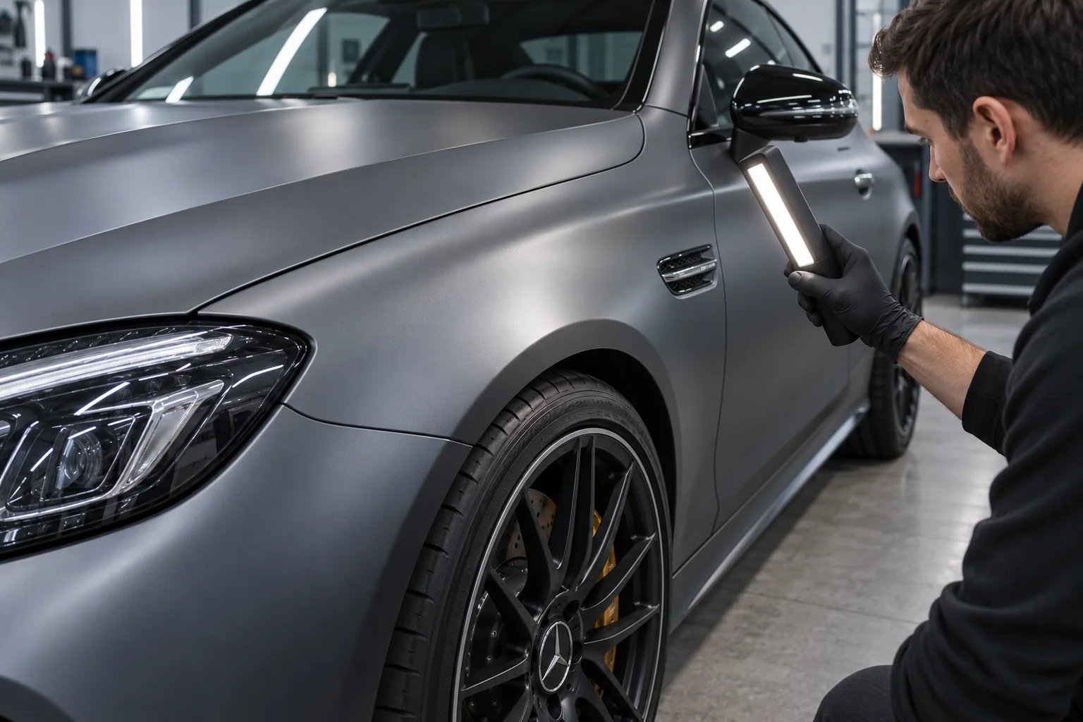 a matte Mercedes panel being inspected under a light