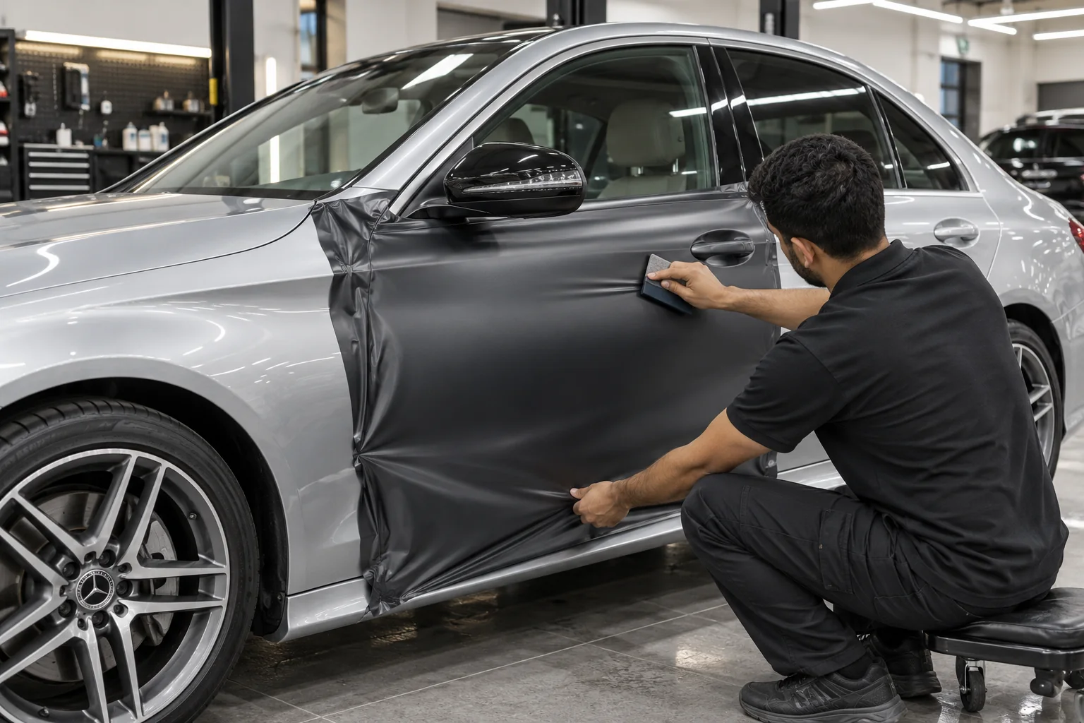 satin vinyl being fitted to a Mercedes door