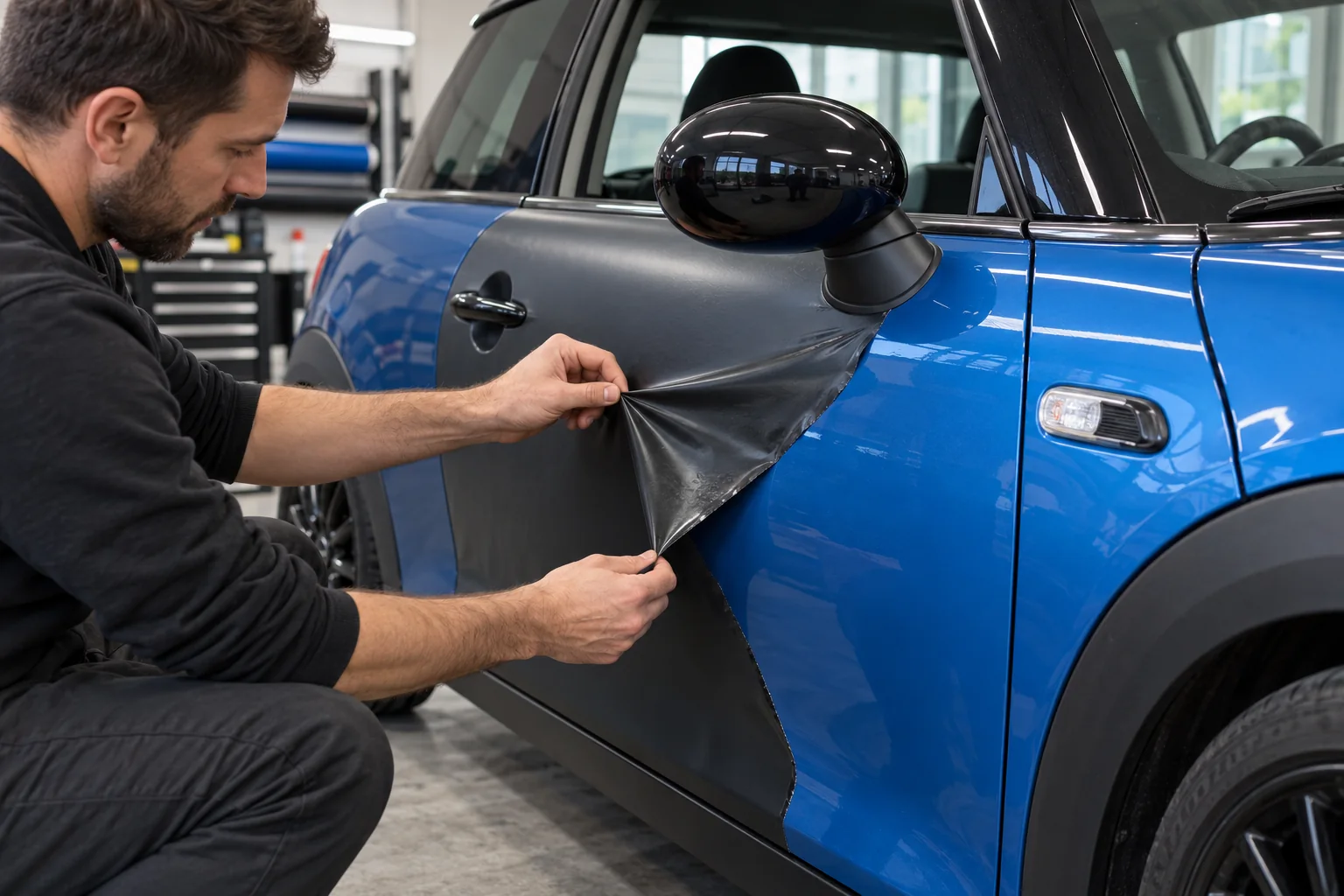 vinyl being carefully removed from a MINI door