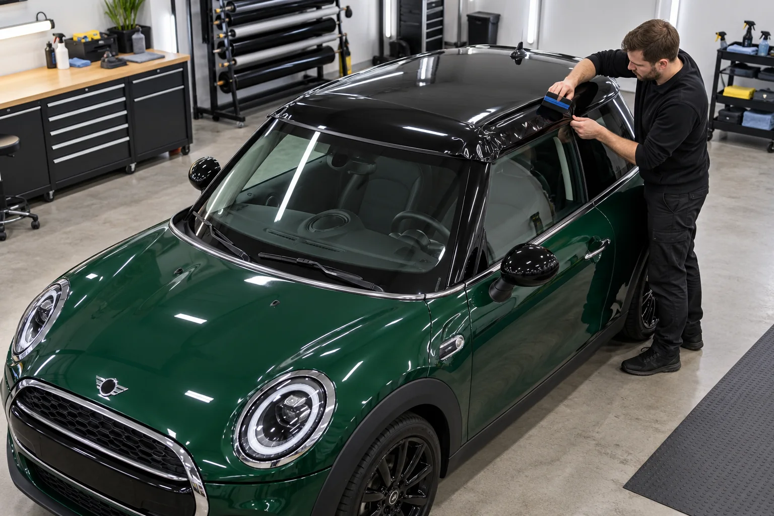 a gloss black roof wrap being fitted to a green MINI