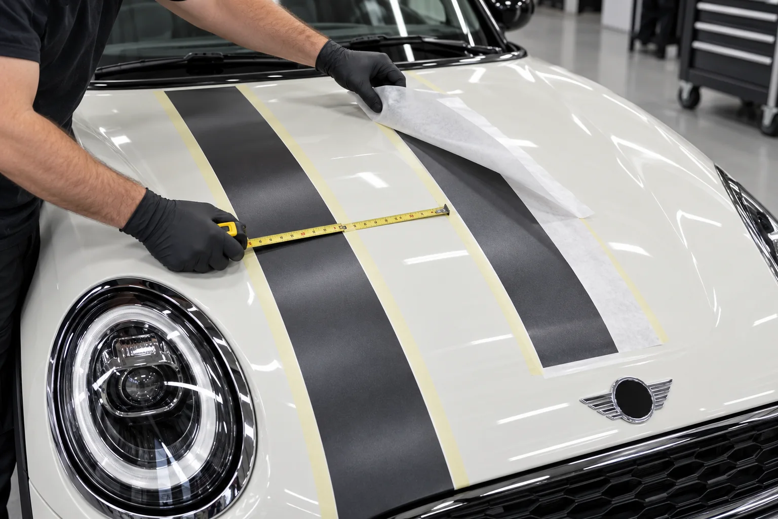 MINI hood stripes being measured and aligned