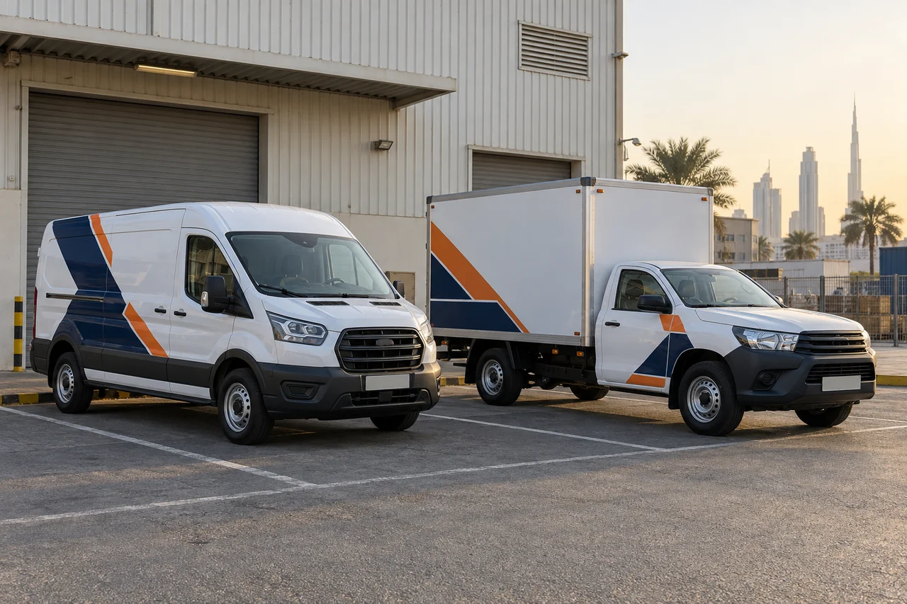 White panel van and box-bodied pickup with coordinated navy and orange graphics outside a warehouse